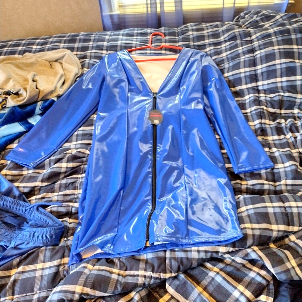 It's a Royal Blue front zipper long sleeve latex dress
